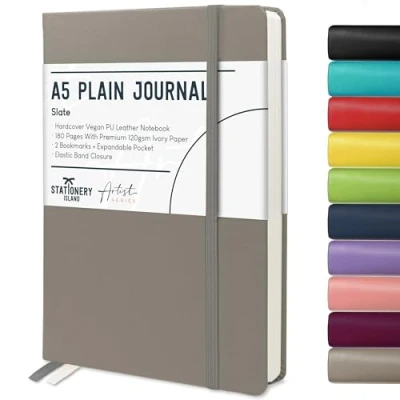 Abbildung von STATIONERY ISLAND Notizbuch a5 Blanko, Journal Hardcover mit 120 g/m² Dickem Papier, 180 Seiten Tagebuch, Notebook für Mädchen, Reisetagebuch, Planen, Lernen, Grau