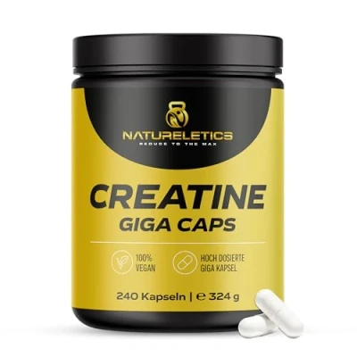 Abbildung von Natureletics Creatin Giga Caps, 240 Kapseln hochdosiertes reines Kreatin Monohydrat, Vegan, eine Kapsel = 1.000 mg Creatinmonohydrat
