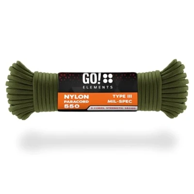 Abbildung von GO!elements 15m Paracord Seil aus reißfester Nylonschnur 4mm 550 Typ III Schnur geeignet als Allzweckseil &amp; Reepschnur Max. 250kg, Farbe: Oliv