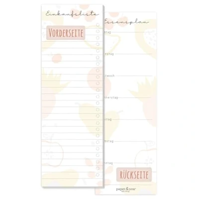 Abbildung von paper&amp;you® Einkaufsliste Block [Fruity] inkl. Magnet, 50 Blatt im Hochformat Einkaufszettel Notizblock Essensplaner auf der Rückseite nachhaltig &amp; klimafreundlich