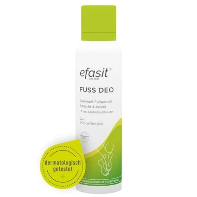 Abbildung von efasit Fußdeo 24h Wirkung, erfrischt und belebt, Fußspray bekämpft langanhaltend Fußgeruch, ohne Aluminiumsalze, 150 ml