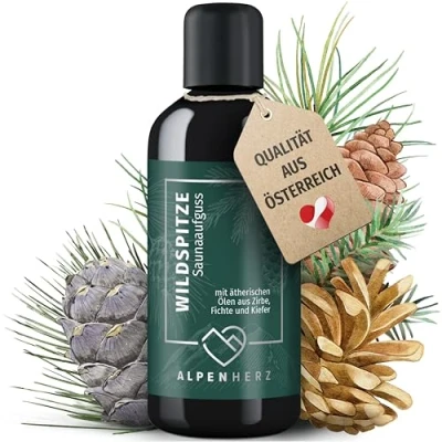 Abbildung von ALPENHERZ Saunaaufguss 100% naturrein 100ml mit ätherische Öle aus Zirbenöl, Fichte &amp; Kiefer Saunadüfte Aufgussmittel Saunaöl Sauna Zubehör Saunaduft Aufguss Geschenkset