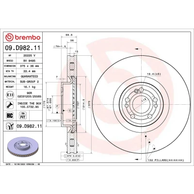 Abbildung von BREMBO 09.D982.11 Bremsscheibe 375 36 5 innenbelüftet beschichtet hochgekohlt mit Schrauben