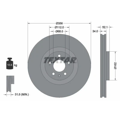 Abbildung von TEXTAR PRO+ 92238205 Bremsscheibe 356 34 05/06 112 innenbelüftet beschichtet hochgekohlt ohne Radbefestigungsbolzen, Radnabe AUDI: A6 C7 Avant