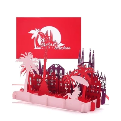 Abbildung von Grußkarte „Barcelona“ 3D Pop Up Karte mit Skyline &amp; Sagrada Familia Städtekarte als Souvenir, Einladung Reisegutschein zum Spanien Urlaub City Trip Barcelona