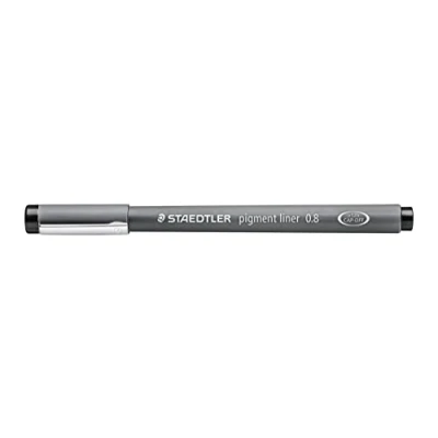 Abbildung von STAEDTLER schwarzer pigment liner, Linienbreite 0,8 mm, dokumentenechte Pigmenttinte, lange Metallspitze, Lebensdauer, 10 Fineliner im Kartonetui, 308 08 9