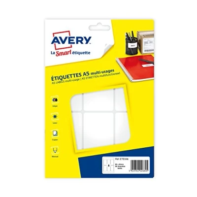 Abbildung von Avery 96 Etiketten Mehrzweck (6 pro Blatt) 80 x 45 mm Brett A5 (ete006)