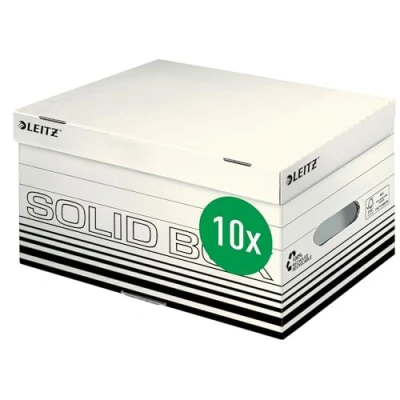 Abbildung von Leitz Solid Box Aufbewahrungs und Transport Schachtel, Größe S, Schachtel für A4 Ordner, Zeitschriften mehr, Transportbox mit Deckel, 100 % geriffelter Recyclingkarton, 10 Stück, Weiß, 61170001