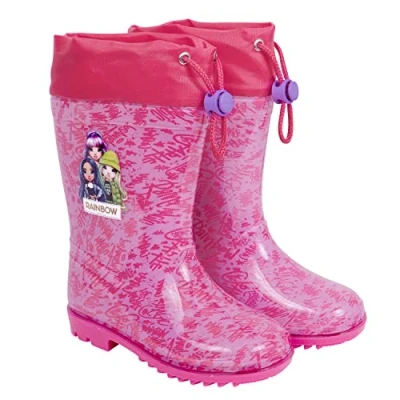 Abbildung von PERLETTI Regenstiefeletten Kleine Mädchen Rainbow High Wasserdichte Stiefel mit Rutschfeste Sohle und Kordelzug Bunte PVC Stiefeletten Puppenprint Fuchsiafarbener (Violett, 24/25 EU)