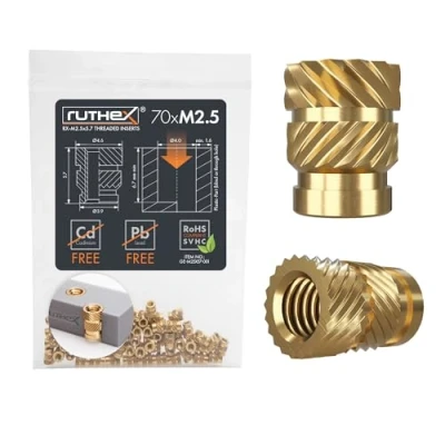 Abbildung von ruthex M2,5 Gewindeeinsatz 70 Stück RX M2,5x5.7 Gewindebuchsen aus Messing stabile Einpressmutter für Kunststoffteile durch Wärme oder Ultraschall in 3D Druck Teile Kunststoff einsetzbar