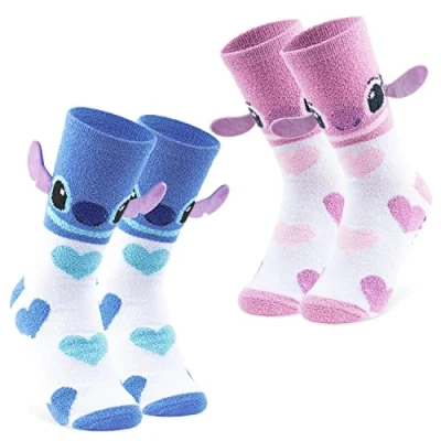 Abbildung von Disney Damen Socken, 2er Set Kuschelsocken Flauschig mit ABS Stitch und Angel (Rosa/Blaue Herzen)