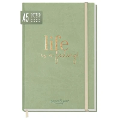 Abbildung von paper&amp;you® Bullet Journal dotted A5 mit Gummiband [Salbei] 156 Seiten Notizbuch gepunktet, Tagebuch nachhaltig &amp; klimafreundlich