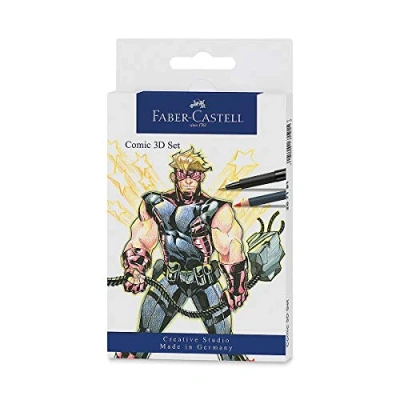 Abbildung von FABER CASTELL 267191 Tuschestift Pitt Artist Pen Comic Illustration 3D Set, 5 Tuschestifte, 3 Aquarellfarbstifte und Zubehör, 11 teilig