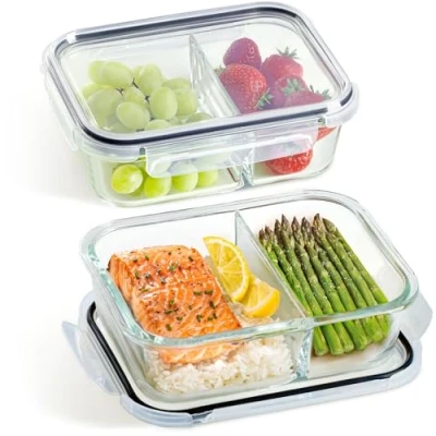Abbildung von Praknu Meal Prep Boxen Glas 2 Fächer 2er Set Glass Containers 1l Luftdicht Geeignet für Spülmaschine, Mikrowelle &amp; Ofen