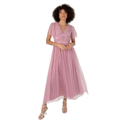 Abbildung von Anaya with Love Women&#039;s Ladies Midaxi Dress V Neck Short Flutter Sleeve Ribbon A line Tulle for Bridesmaid Wedding Guest Prom Ball Gown Rosa 34