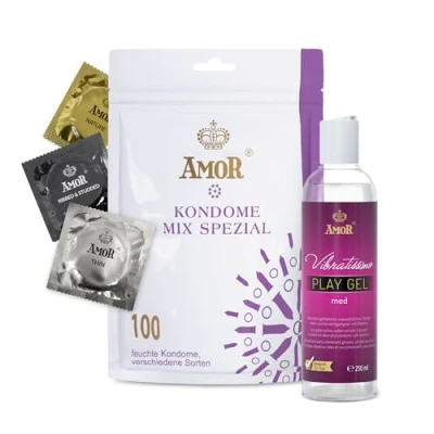 Abbildung von AMOR Premium Kondom und Gleitgel Set, Mix Special 100 Kondome Ø 53 mm, 5 Sorten + Vibratissimo Play Gel med 250 ml