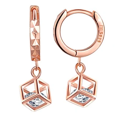 Abbildung von Yumilok Damen Mädchen Frauen 925 Sterling Silber Zirkonia Zauberwürfel Ohrhänger Ohrringe Creolen Hypoallergen Ohrschmuck,Roségold