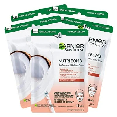 Abbildung von 5 x Garnier Skinactive Stoffmaske Nutri Bomb Nährende und Aufhellung mit Kokosmilch für trockene stumpfe Haut Einwegmasken