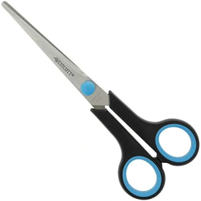 Abbildung von Westcott E 30293 00 Schere Easy Grip, rostfrei, gebogen, asymmetrisch, blau/schwarz, 24,7 cm / 9 Zoll