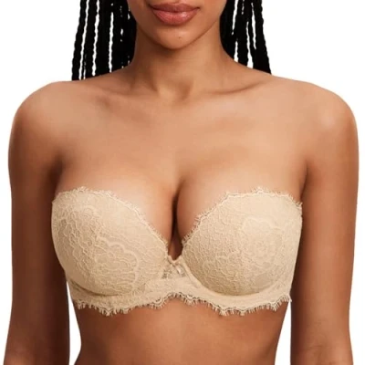 Abbildung von DOBREVA Damen Trägerloser Push Up BH Spitzen Tiefer Ausschnitt Bügel BHS Gepolsterter mit Abnehmbaren Trägern Leichte Haferflocken 85A
