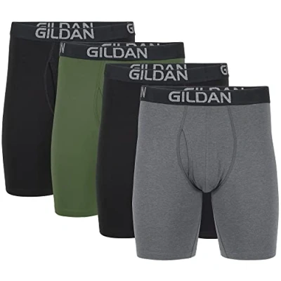 Abbildung von Gildan Herren Cotton Stretch Boxer Brief, Multipack Retroshorts, Black Soot/Heather Dark Grey/Green Midnight (4er Pack, langes Bein), XX Large