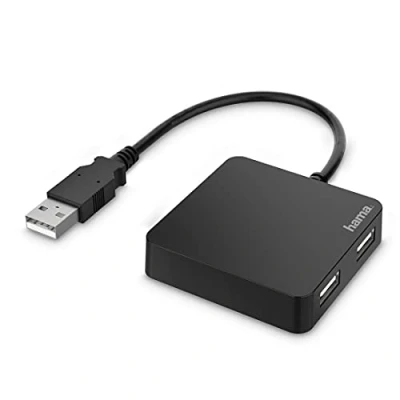 Abbildung von Hama USB 2.0 Hub 4 fach Adapter (Splitter mit Ports, externer Verteiler Netzteil Kabel für PC, Notebook, Laptop Windows oder Mac OS) schwarz
