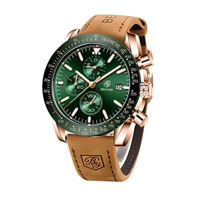 Abbildung von BENYAR Herrenuhr Quarz Sport Chronograph Mode Marken Business Uhr Herren Braun Lederuhr Wasserdicht Kratzfest Analog Automatik Datum Elegantes Geschenk Armbanduhr（golden grün）
