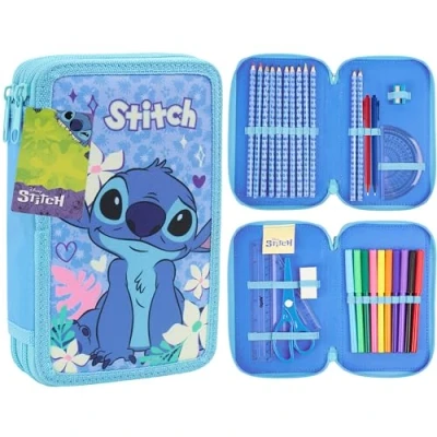 Abbildung von Disney Stitch Federmäppchen Mädchen mit Schulsachen, Frozen Anna und ELSA Federtasche Gefüllt für Schule, Vorschule, Geschenke (Blau 2 Fächer)