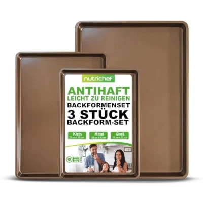 Abbildung von NutriChef 3 Teiliges Backformen Set, Backblech Set Baking Tray Stapelbare Backbleche als Backofenblech aus Karbonstahl Ofenblech &amp; Kuchenblech Backzubehör, auch geeignet Pizzablech Eckig