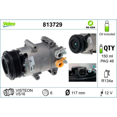 Abbildung von VALEO 813729 Kompressor VS16 12V PAG 46 R134a mit Kompressoröl FORD: FIESTA 6, FOCUS 3, 3 Turnier