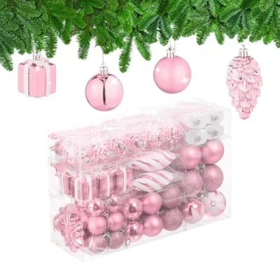Abbildung von Relaxdays Weihnachtskugeln 72er Set, glitzernde, Matte &amp; glänzende Baumkugeln, Stiefel, Herz Zapfen, Kunststoff, pink