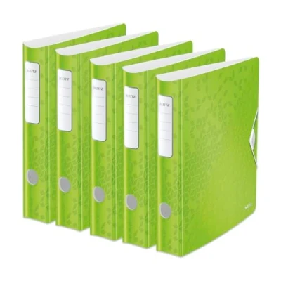 Abbildung von Leitz Qualitäts Ordner 180 Active WOW, 5er Pack, A4, Schmal, Abgerundeter Rücken, 6,5 cm breit, Gummibandverschluss, Leichtes Polyfoam, Plastik Ordner, WOW Serie, Grün, 11070054