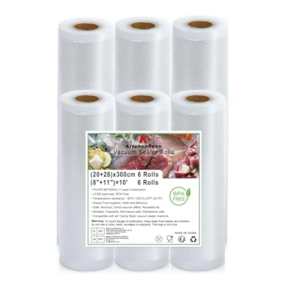 Abbildung von KitchenBoss Vakuumierbeutel 6 Rollen 20/28 x 300cm：Vakuumierfolie für Vakuumierer &amp; Sous Vide, Vakumierfolienrollen BPA Free, Beutel Kochfest, Vakuumbeutel Lebensmittel Wiederverwendbar