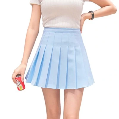 Abbildung von Hoerev Frauen Mädchen Kurze hohe Taille gefaltete Skater Tennis Schule Rock,Blau,36 / M