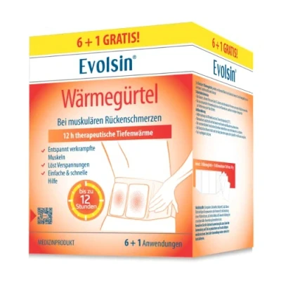 Abbildung von Evolsin® Wärmegürtel 12h therapeutische Tiefenwärme bei muskulären Rückenschmerzen Wärmepflaster Alternative Nierenwärmer sofort einsatzbereit Wärmeumschläge ohne Chemie (6+1 Anwendungen)