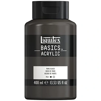 Abbildung von Liquitex 8870335 Basics Acrylfarbe, monopigmentierte Künstlerpigmente, lichtecht, mittlere Viskosität, Archivqualität, seidenglänzender Finish, 400ml Flasche Marsschwarz