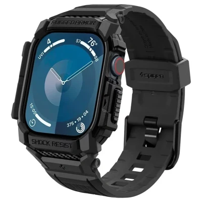 Abbildung von Apple Watch 10 42 mm Bumper Spigen Rugged Armor Pro Case Schwarz Silikon Und TPU (weich) Smartwatch Armbänder