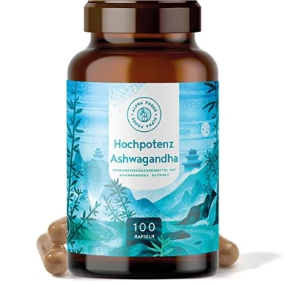 Abbildung von Ashwagandha Kapseln hochdosiert 500mg Extrakt pro Tagesdosis mit 35mg Withanolide indische Schlaf Beere 100 vegane