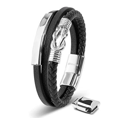 Abbildung von SERASAR Silber Armband 17cm Herrenarmband Männer Leder Armreif Herren Lederband Herrenarmreif Armschmuck Schmuck Armkette Flecht Wickelarmband Kette