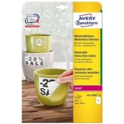 Abbildung von AVERY Zweckform L4717REV 20 Wetterfeste Folienetiketten (40 Aufkleber, 210x148mm auf A4, selbstklebend, wasserfest, wiederablösbar, strapazierfähig, bedruckbare Outdoor Klebefolie) Blatt, weiß