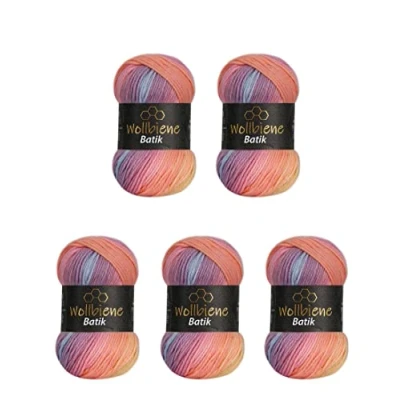 Abbildung von 5 x 100g Wollbiene Batik 500 Gramm Wolle mit Farbverlauf mehrfarbig Multicolor Strickwolle Häkelwolle (2020 gelb orange beere)