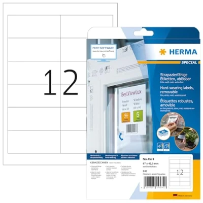 Abbildung von HERMA 4574 Wetterfeste Folienetiketten ablösbar, 20 Blatt, 97 x 42,3 mm, 12 pro A4 Bogen, 240 Stück, selbstklebend, bedruckbar, matt, blanko Klebeetiketten Aufkleber aus Folie, weiß