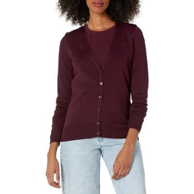 Abbildung von Amazon Essentials Damen Leichter Cardigan mit V Ausschnitt (in Übergröße erhältlich), Burgunderrot, XXL