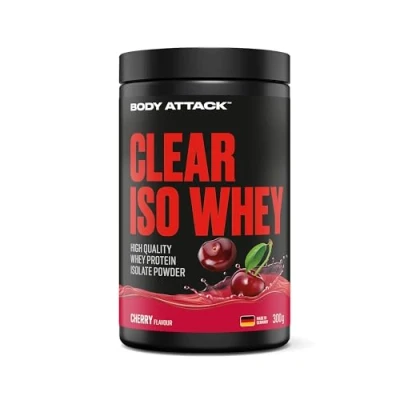 Abbildung von Body Attack Clear Iso Whey Cherry Flavour, 300g Made in Germany Erfrischendes, klares Protein Isolat 24 g und 11.400 mg EAAs pro Shake, zucker &amp; fettfrei
