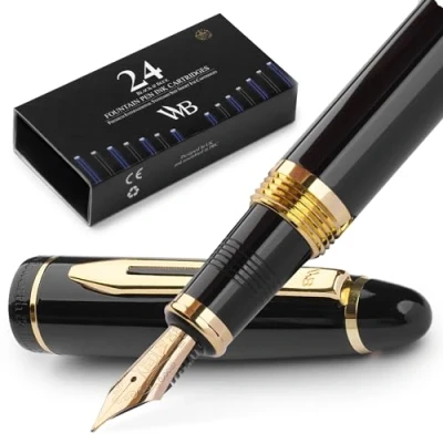 Abbildung von Wordsworth &amp; Black Füllfederhalter Majesti Luxusgehäuse (schwarz) mit 24 Karat Gold Finish, extra feine Feder 18 Tintenpatronen, nachfüllbarer Tintenkonverter Kalligraphie Stift