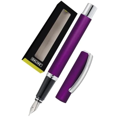 Abbildung von ONLINE Füller Vision Satin Purple I Eleganter Füllfederhalter mit Iridium Feder M &amp; mattierter Aluminium Oberfläche Für Standard Tintenpatronen Konverter Lila Füllhalter in Geschenkverpackung