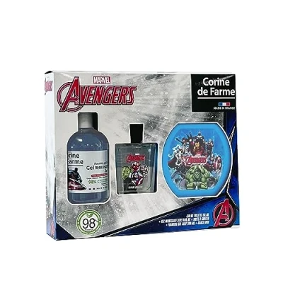 Abbildung von Corine de Farme Avengers Set mit Eau Toilette 50 ml, Schaumbad 300 ml und Brotdose Geschenk für Jungen Duft Kinder, Apfel Gourmande Fruchtiges Gel 3 in 1