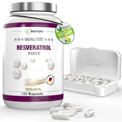 Abbildung von Resveratrol 120 Kapseln 500 mg, 4 Monate Vorrat, Inclusive Pillenbox, Laborgeprüft, Vegan, 98% Trans aus japanischem Staudenknöterich Wurzel Extrakt, Ohne Magnesiumstearat