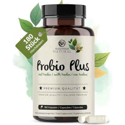 Abbildung von Probio Plus 180 Kapseln inkl. Bacillus Subtilis Mikrobe des Jahres 2023, 20 Mrd. KbE pro Tag (200 Mrd.KBE/g) mit Inulin magensaftresistente Kapseln, vegan in Deutschland produziert