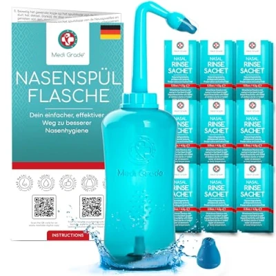 Abbildung von Medi Grade Nasendusche, 500 ml Set mit Nasendusche Erwachsene und Kinder, 30 x Salzbeutel, 2 Nasenspülspitzen Aufbewahrungstasche Für Mühelose Nasenspülung zu Hause oder Unterwegs